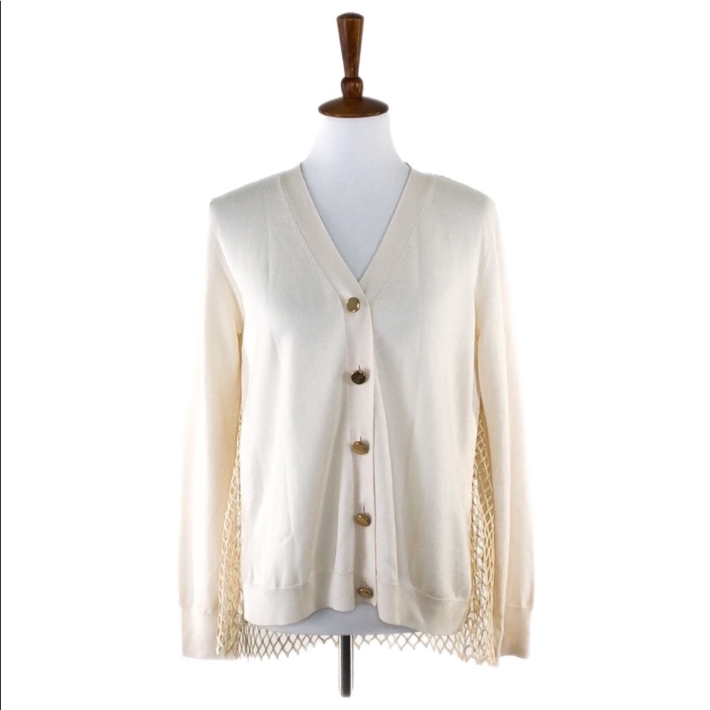 Adam Lippes Silk & Wool Net Back Cardigan Sweater, Large